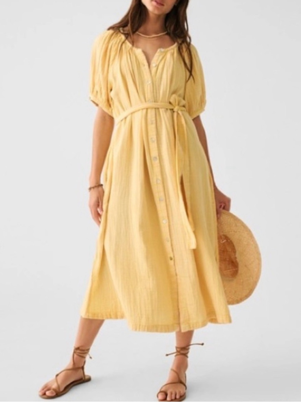 FAHERTY Dream Organic Cotton Gauze Carmel Dress in Sahara Sun Yellow - Picture 1 of 11